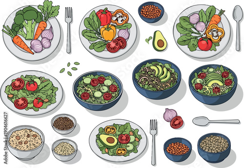 A vibrant collection of fresh, healthy, and delicious vegetarian and vegan meals, showcasing a variety of colorful vegetables and grains