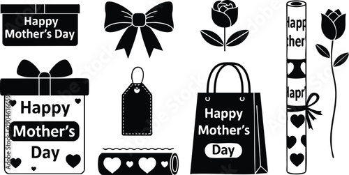 Black vector icons set of mothers day gift box shopping bag rose flower decorative ribbon tag and greeting card design elements for holiday celebration and seasonal decoration
