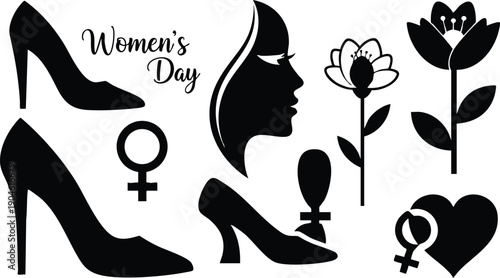 Silhouette vector icons celebrating womens day with high heel shoes female profile flowers heart and female gender symbols in black and white design
