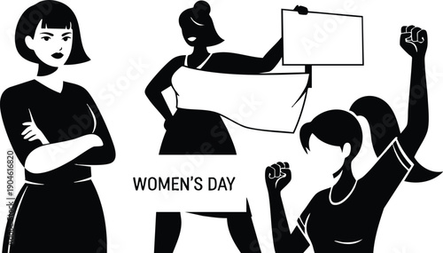 Feminine empowerment vector art showing confident woman standing with arms crossed close up and two other women holding blank and womens day signs with raised fists in solidarity