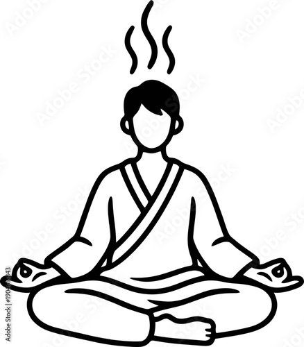 Man meditating in lotus position with steaming head outline icon. Yoga, mindfulness, stress relief concept vector illustration for app, website