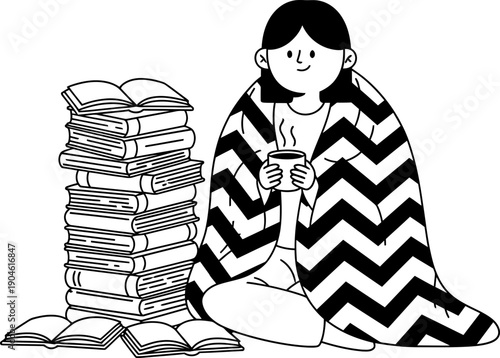 Woman wrapped in cozy blanket enjoying hot drink and reading books. Stay at home and comfort concept. Vector illustration in flat outline style