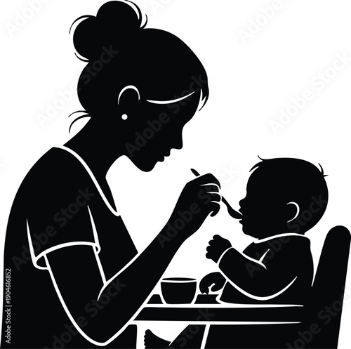 Minimalist silhouette vector of mother feeding baby in highchair close up side view spoon feeding looking at child warm domestic scene gentle lighting calm intimate moment