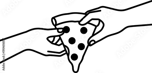 Two hands holding a slice of pepperoni pizza. Food sharing and friendship concept. Vector outline illustration for restaurant menu, banner
