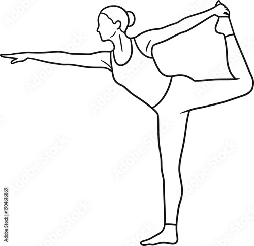 Woman silhouette doing yoga, Lord of the Dance or Natarajasana pose, side view, practicing balance. Yoga workout for fitness. Abstract vector illustration