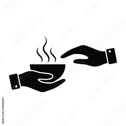 Vector illustration icon black silhouette of two hands one giving a bowl of steaming food to the other