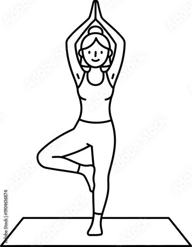 Woman in yoga tree pose Vrikshasana practicing meditation on mat, balance exercise concept. Outline minimal vector illustration for fitness card