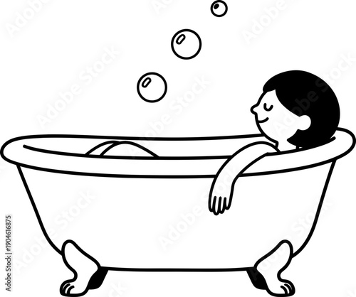Simple outline illustration of woman taking a relaxing bath with bubbles. Self-care and hygiene concept. Vector illustration for icon, symbol