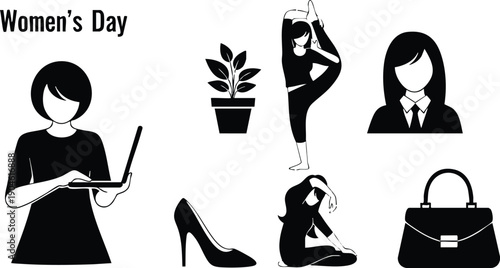 Minimalist black silhouette icons including woman typing on laptop sitting on floor stretching high heel shoe plant and handbag for women day celebration design