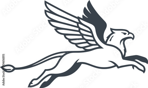 Flying griffin mythical creature in a dynamic pose. Legendary animal symbol for strength, protection, and majesty. Vector illustration