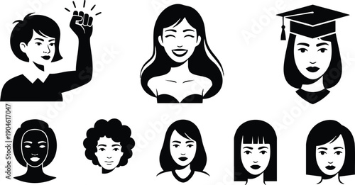 Black and white vector silhouettes of diverse women faces smiling and serious including educational graduate woman with cap and fist raised empowerment gesture