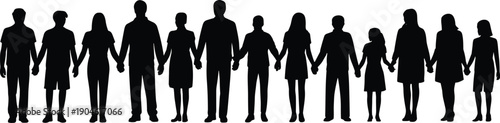 Black silhouettes of people holding hands in a line