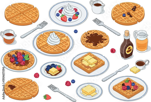 A delightful collection of assorted sweet waffles, pancakes, and breakfast treats with berries, cream, and syrup