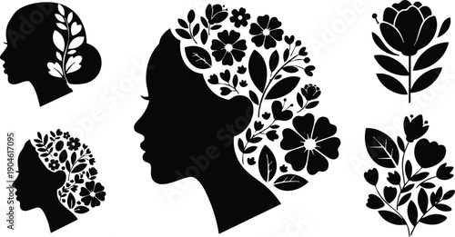 Silhouettes of female profiles decorated with detailed floral patterns in hair including leaves and flowers isolated on white background black vector art design