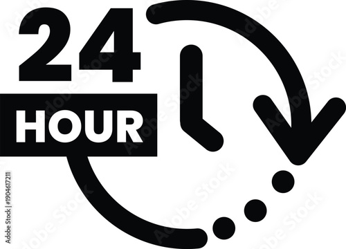 Minimalist black vector icon symbolizing 24-hour continuous service and customer support availability, featuring large numbers, the word HOUR, and a circular rotating clock arrow design element.