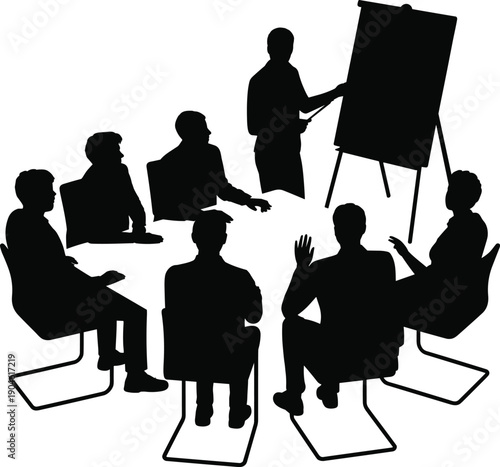 Black silhouettes of people in a meeting around a table with a presenter at a whiteboard