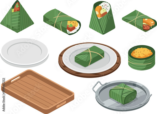 A collection of delicious food items wrapped in banana leaves, served on plates and platters, featuring a wooden tray and a white plate