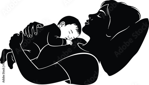 Silhouette of mother lying down holding sleeping baby on chest peaceful nurturing maternal bond loving family care comfort rest black and white vector art