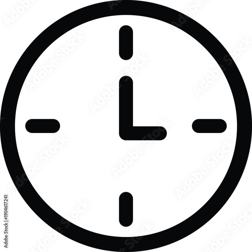 Simple black outline vector clock icon displaying three o'clock, symbolizing important deadlines, scheduling, and efficient time management concepts for digital interfaces.