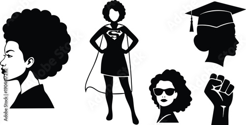 Black woman silhouette wearing superhero cape and dress standing strong and confident with afro hair profile and graduation cap side view with raised fist and sunglasses bold vector design
