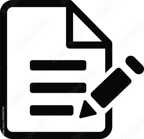 Trendy black outline vector icon of a document page and pencil, clearly symbolizing the essential processes of editing, writing, and creating digital files