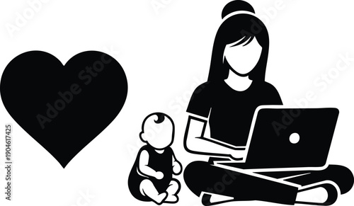 Minimalist vector art showing mother typing on laptop while baby sits nearby with a large heart symbol expressing love and care in black and white silhouette style