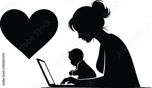 Silhouette of woman working on laptop with baby sitting on desk and large heart symbol nearby expressing love and care in minimalist black and white vector art