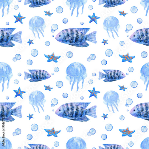 Watercolor blue fish, jellyfish, and starfish seamless pattern on a white background. Hand-drawn illustration in a marine style. Underwater world.