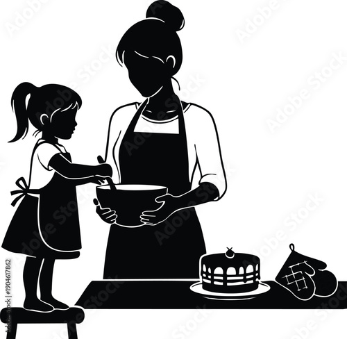 Minimalist vector silhouette close up mother and daughter baking together at kitchen counter stirring bowl with cake and mittens low angle view apron pigtail stool gentle