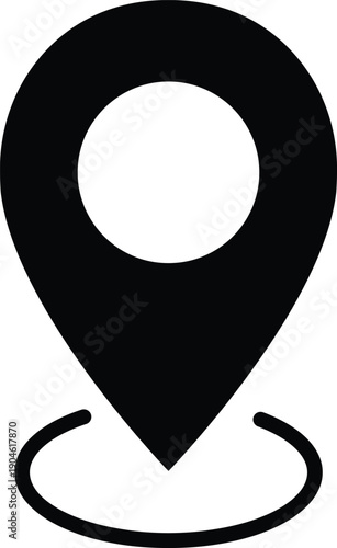 Professional minimalist black location pin icon with a circular base, symbolizing GPS navigation, finding destinations, and geographical coordinates on a clean white background.