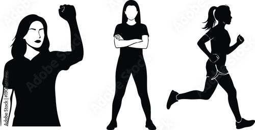 Minimalist vector silhouettes of three women showing empowerment fist raised standing arms crossed and running in athletic wear sideview high contrast bold composition dynamic black