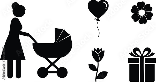 Minimalist vector silhouette side view woman pushing pram with heart balloon and floral and gift icons arranged to the right in flat black and white composition
