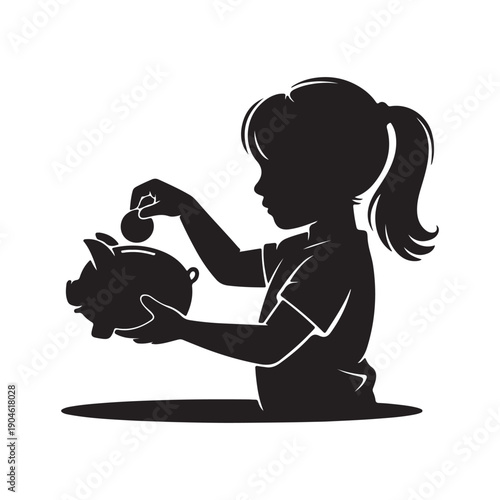 Young girl happily saving money in a piggy bank, isolated on white background, vector illustration for finance or saving themes