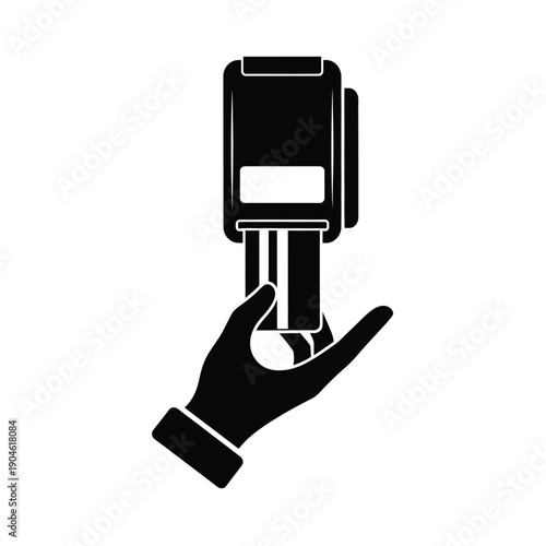 Vector illustration icon a black and white illustration of a hand holding a credit card reader