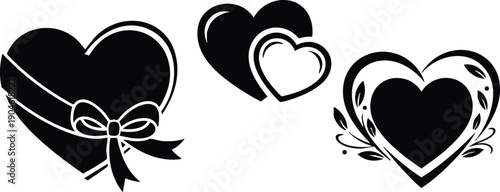 Black heart shapes with ribbon bow floral decoration isolated on white background vector art set three simple romantic symbols celebration design elements