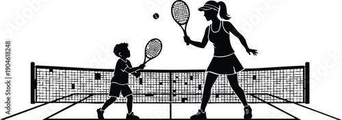Silhouette of woman and child playing tennis on court hitting ball with rackets in action sport scene with net background