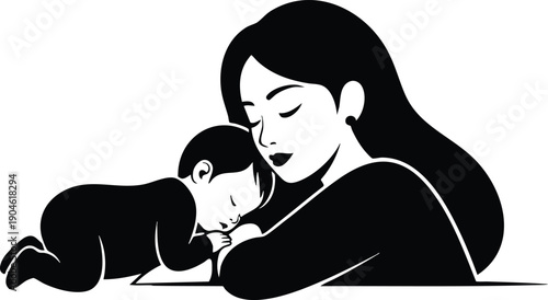 Minimalist silhouette mother resting with sleeping baby on black and white vector art showing close peaceful moment with gentle expression and calm mood illustration