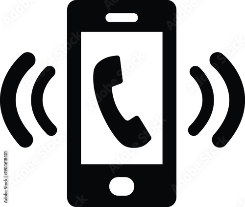High-contrast black vector icon illustrating a modern smartphone actively ringing with sound waves, symbolizing urgent incoming communication and connectivity.