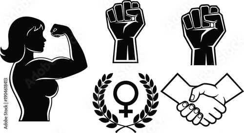 Strong woman flexing bicep silhouette with raised fists and female gender symbol surrounded by laurel wreath and handshake icon representing empowerment unity and equality