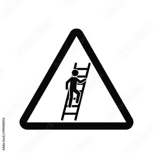Vector illustration icon black and white triangular warning sign with a person climbing a ladder