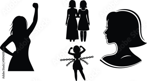 Black silhouette collection of powerful women raising fist connecting friends breaking chains and thoughtful female profile side view vector art set