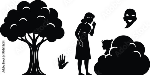 Silhouette vector art showing woman whispering to child hiding behind bush near tree and ghost face with isolated hand in black design