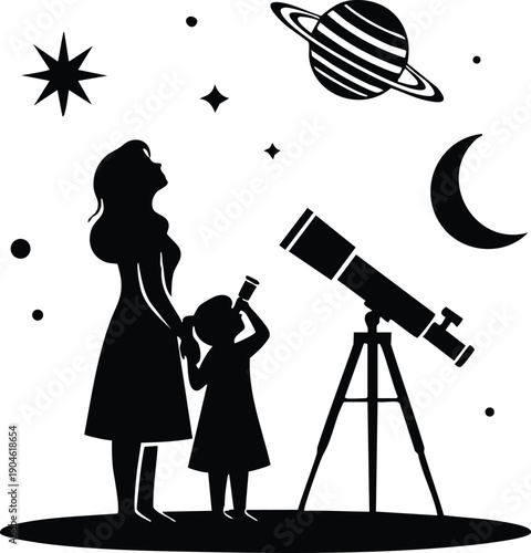 Silhouette of woman and child looking up at night sky with telescope planet crescent moon and stars flat design vector art illustration