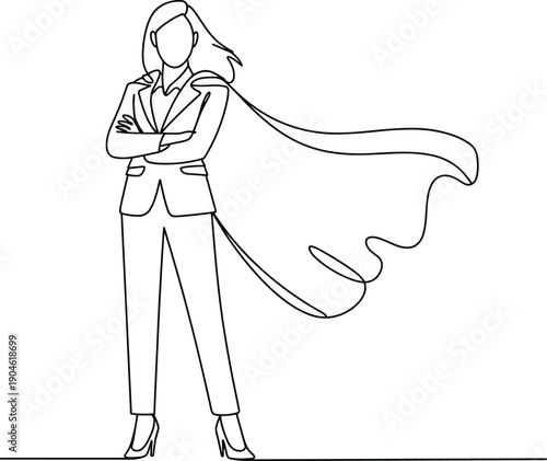 Businesswoman in a suit with a flowing cape standing confidently