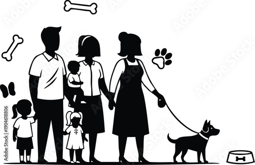Black silhouette family with two children walking dog on leash with food bowl and bones flat vector art illustration in simple minimal style