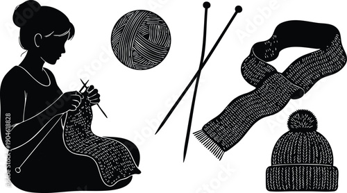 Black silhouette woman knitting scarf with needles and yarn ball surrounding winter hat with pompom and cozy textured scarf vector art illustration in crisp black and white detail