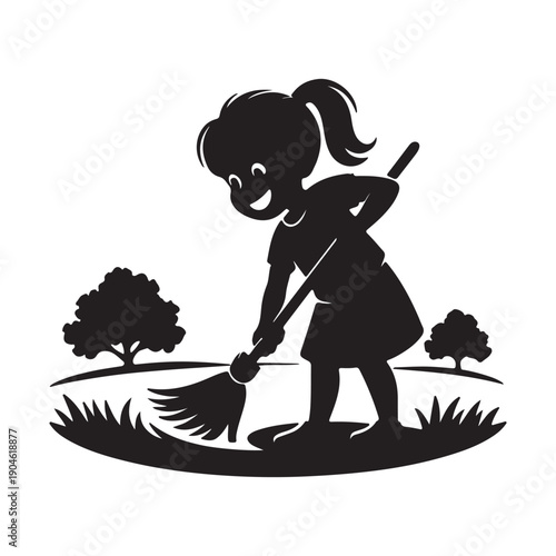 Young girl actively cleaning a surface, wearing gloves, isolated on white background, vector illustration for hygiene and chores