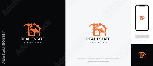 Real Estate Logo House Hammer and Phone Icon.