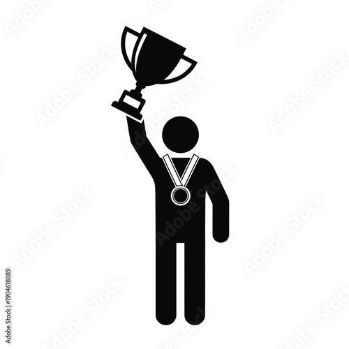 Vector illustration icon a black silhouette of a person holding up a trophy and wearing a medal around their neck in celebration of achievement or victory