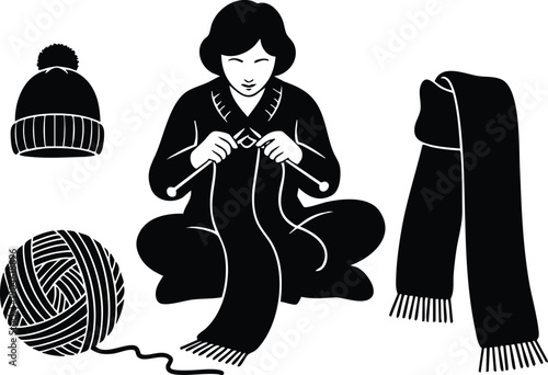 Black and white minimalist vector art of woman knitting warm scarf sitting cross legged with ball of yarn and winter hat nearby simple silhouette handcraft hobby illustration cozy creative design